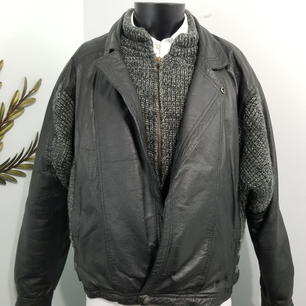 Bermans Black Gray Leather Knit  Bomber Jacket